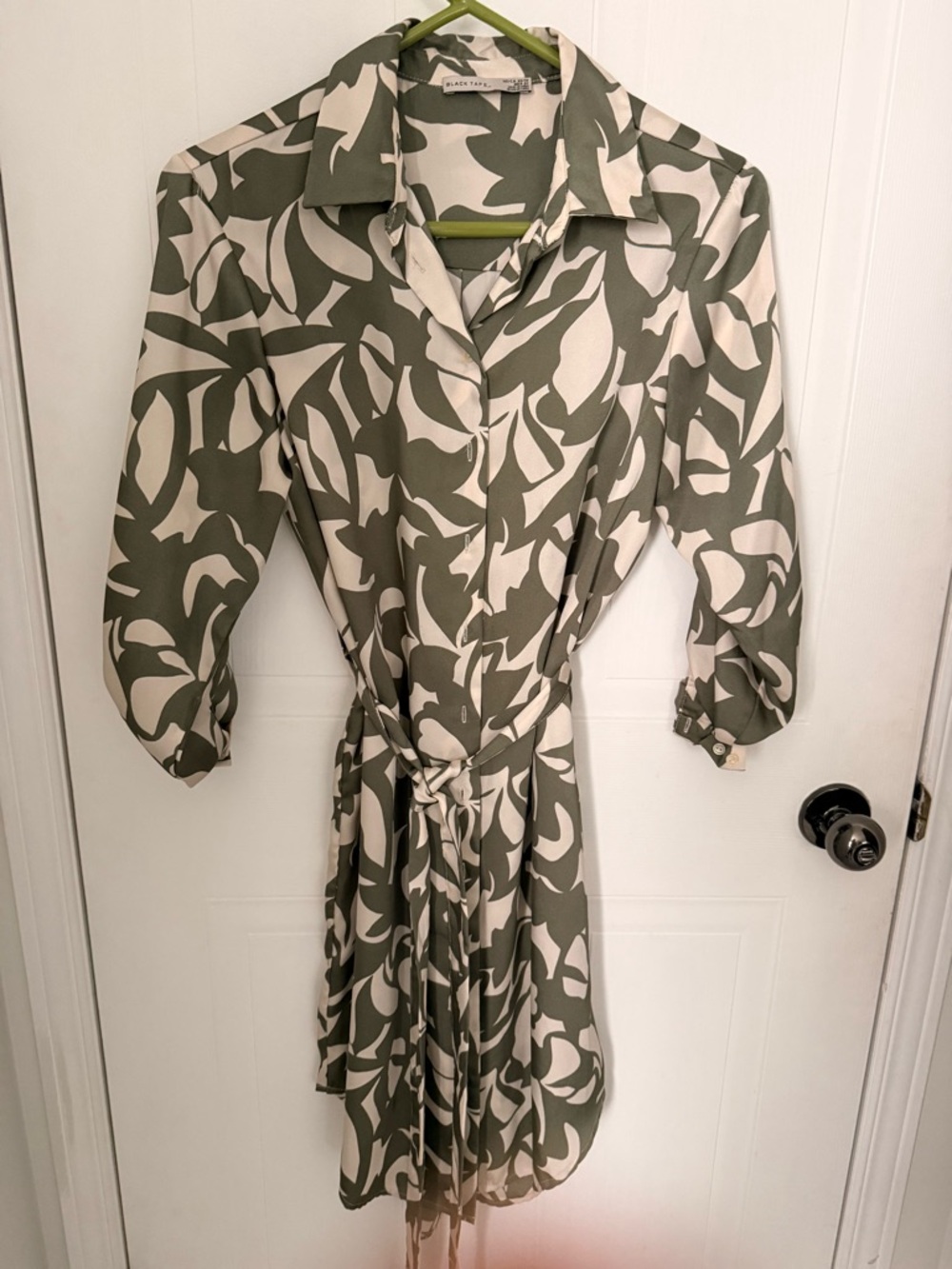 Silky Olive & Cream Abstract Shirt Dress with Tie Waist